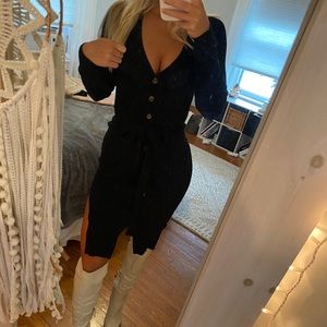 Belted Black Midi Dress with Side Slits